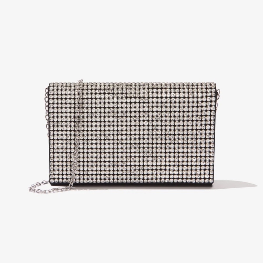 NWT Black Stella Crystal Bag with a delicate detachable chain shoulder strap.